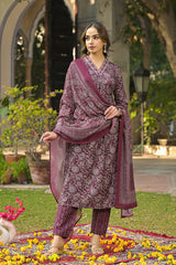burgundy rayon blend floral printed straight suit set