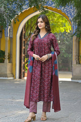 maroon rayon blend floral printed straight suit sets