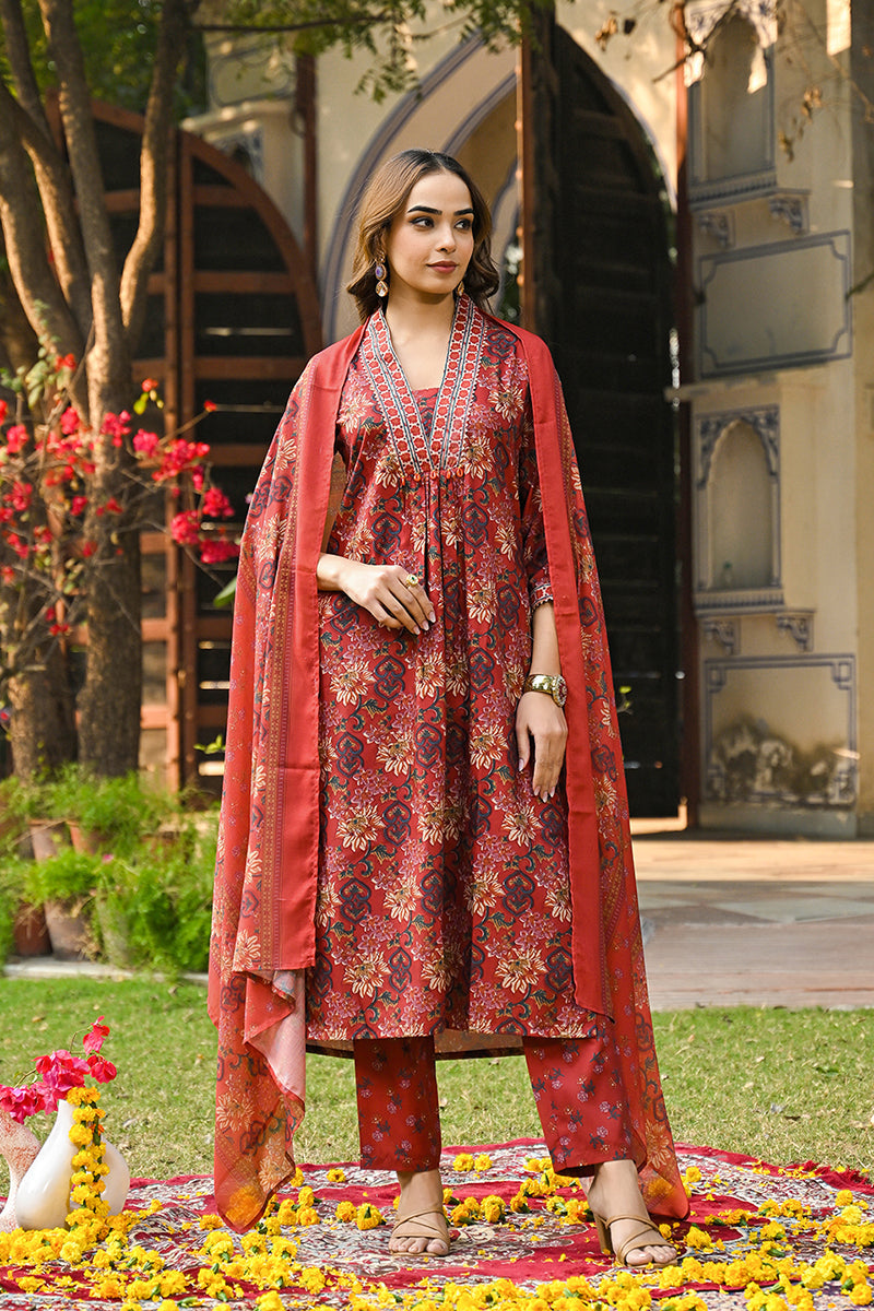 Red Rayon Blend Floral Printed Straight Suit Set