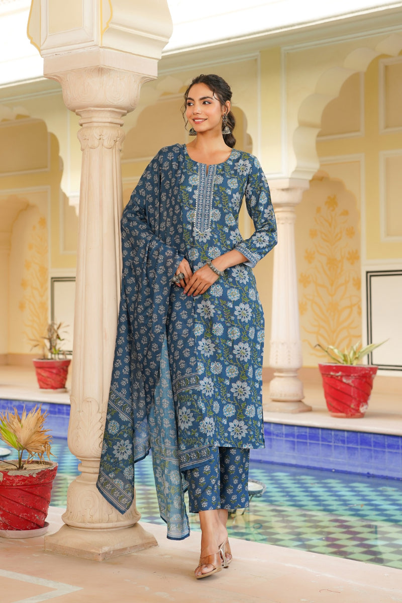 Blue Rayon Blend Floral Printed Straight Kurta Trouser With Dupatta