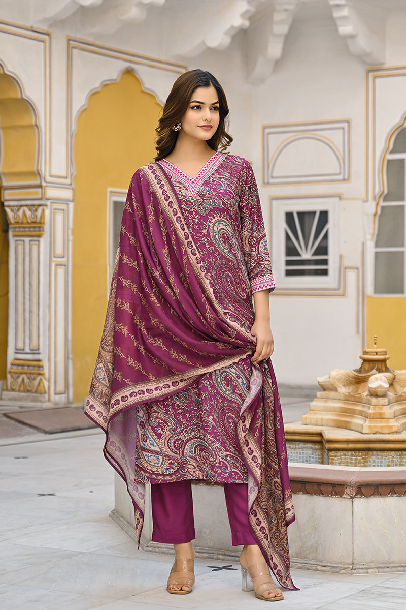 purple rayon blend paisley printed straight trouser suit set
