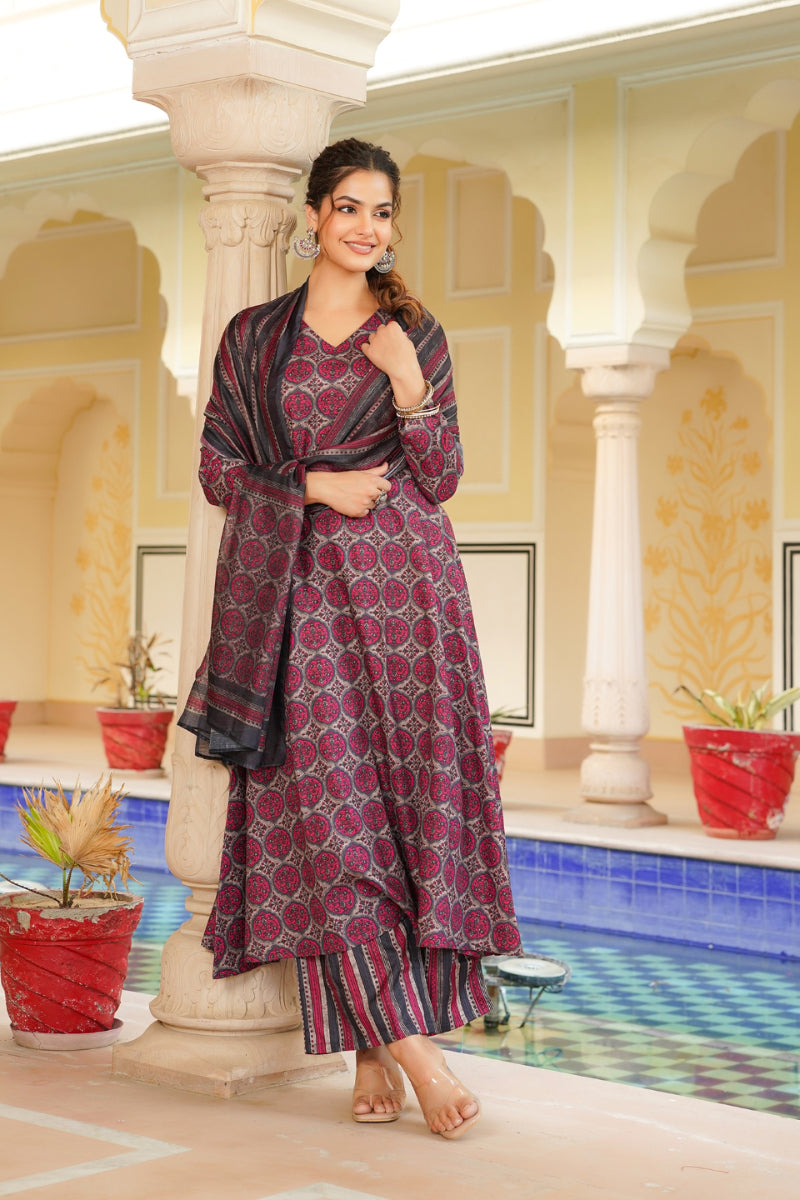Pink Rayon Blend Floral Printed A Line Kurta Palazzo With Dupatta