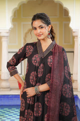 black rayon blend ajrakh printed straight kurta trousers with dupatta