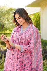 pink rayon blend ethnic motifs printed straight kurta trouser with dupatta