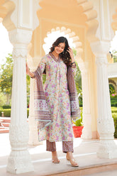 green rayon blend floral printed straight kurta trousers with dupatta