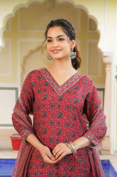 red rayon blend ethnic motifs printed straight kurta salwar with dupatta