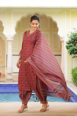 red rayon blend ethnic motifs printed straight kurta salwar with dupatta