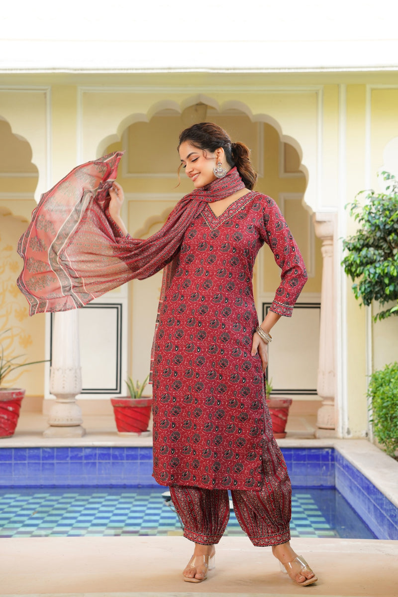 red rayon blend ethnic motifs printed straight kurta salwar with dupatta