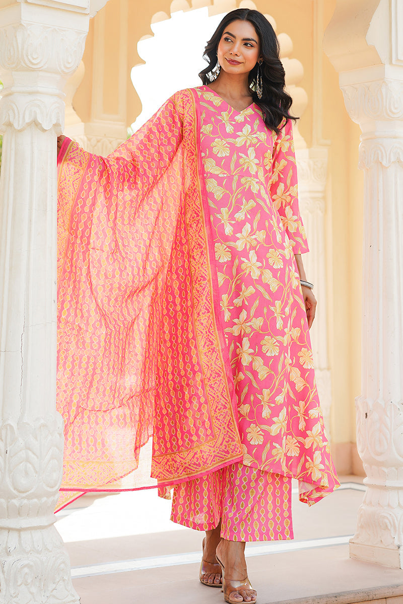 pink rayon blend floral printed a line kurta palazzo with dupatta vkskd2347