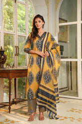 yellow rayon blend ethnic motifs printed straight kurta trousers with dupatta