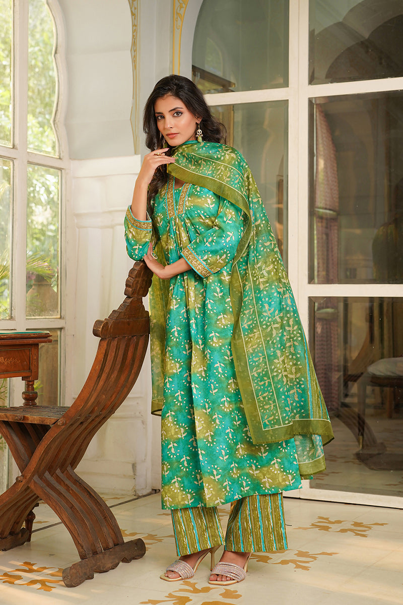 green rayon blend ethnic motifs printed straight kurta palazzos with dupatta