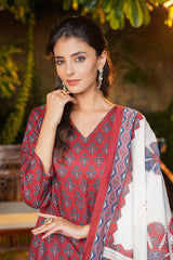 maroon rayon blend floral printed a line kurta palazzos with dupatta