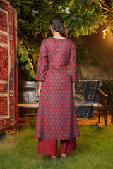 maroon rayon blend floral printed a line kurta palazzos with dupatta