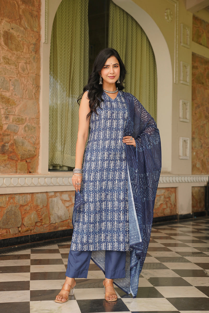 blue rayon blend ethnic motifs printed straight kurta trousers with dupatta