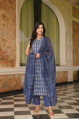 blue rayon blend ethnic motifs printed straight kurta trousers with dupatta