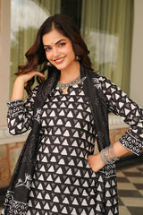 black rayon blend geometric printed straight kurta trousers with dupatta