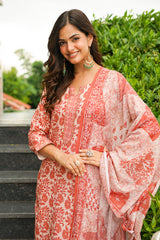 orange rayon blend floral printed straight kurta trousers with dupatta