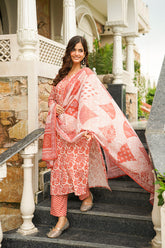 orange rayon blend floral printed straight kurta trousers with dupatta