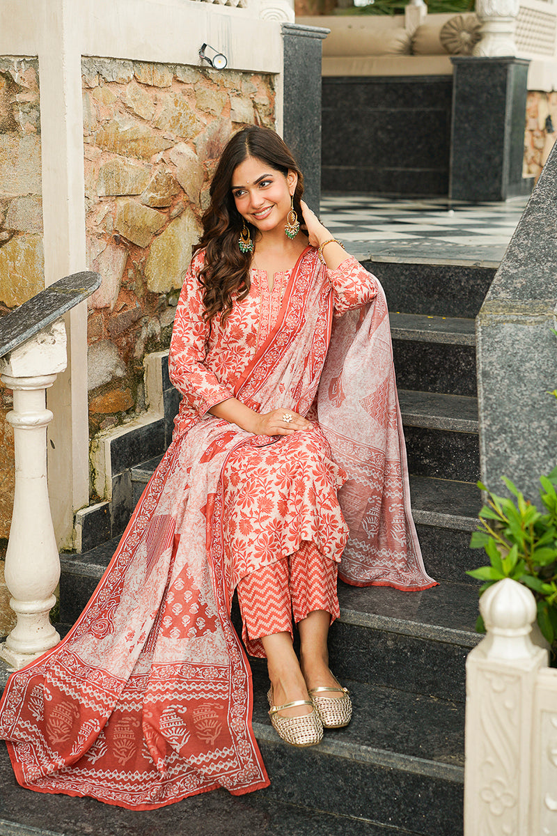 orange rayon blend floral printed straight kurta trousers with dupatta