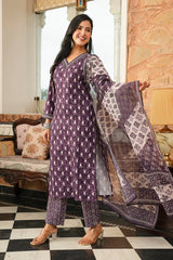 purple rayon blend ethnic motifs printed straight kurta trousers with dupatta