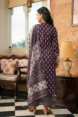 purple rayon blend ethnic motifs printed straight kurta trousers with dupatta