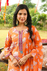 orange rayon blend floral printed straight kurta trousers with dupatta