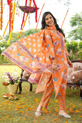 orange rayon blend floral printed straight kurta trousers with dupatta