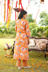orange rayon blend floral printed straight kurta trousers with dupatta