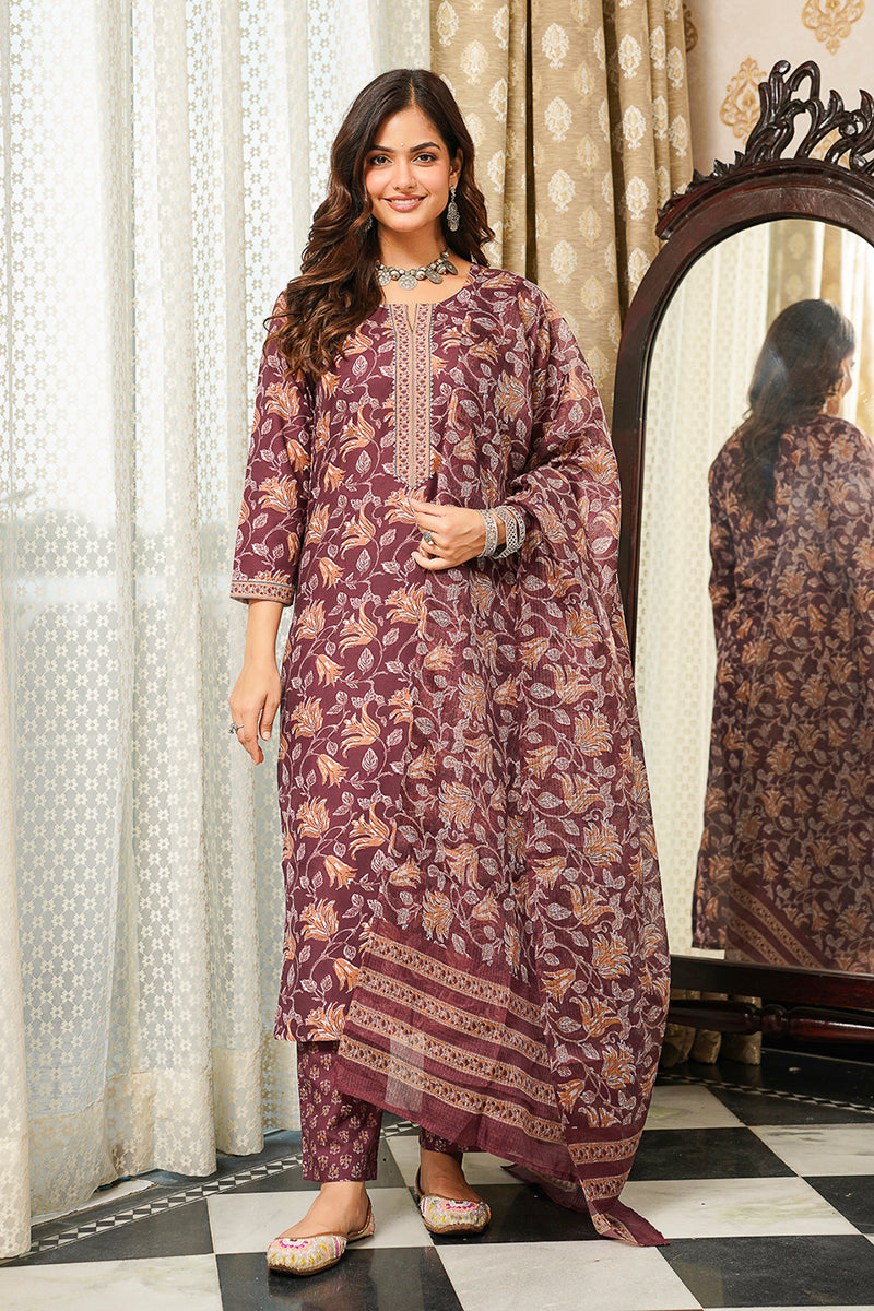 brown rayon blend floral printed straight kurta trousers with dupatta vkskd2404