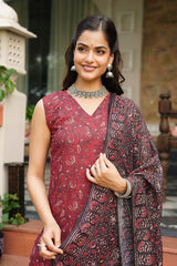 maroon rayon blend floral printed straight kurta trousers with dupatta