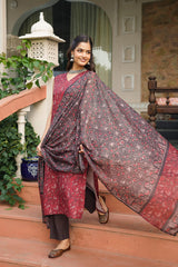 maroon rayon blend floral printed straight kurta trousers with dupatta