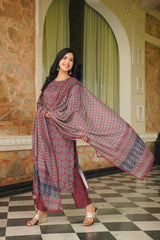 maroon rayon blend ajrakh printed straight kurta trousers with dupatta