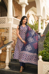 blue rayon geometric printed straight kurta trousers with dupatta