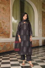 black rayon blend floral printed straight kurta trousers with dupatta