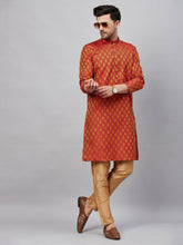 Vastramay - Men's Red And Rose Gold Silk Blend Kurta Pyjama Set