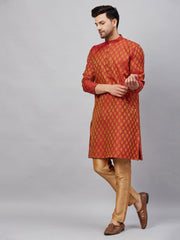 Vastramay - Men's Red And Rose Gold Silk Blend Kurta Pyjama Set