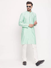 Vastramay - Men's Aqua And Cream Silk Blend Kurta Pyjama Set