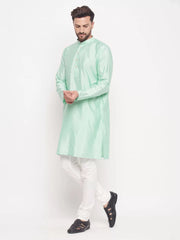 Vastramay - Men's Aqua And Cream Silk Blend Kurta Pyjama Set