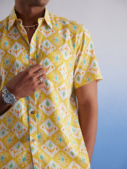 Shvaas By Vastramay - MEN'S YELLOW IKKAT PRINT COTTON SHIRT