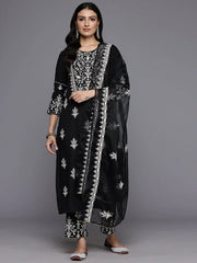 Varanga - Women Black Round Neck Thread Embroidered Kurta Paired With Bottom And Dupatta