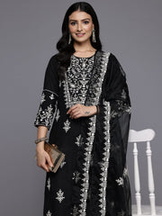 Varanga - Women Black Round Neck Thread Embroidered Kurta Paired With Bottom And Dupatta