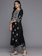 Varanga - Women Black Round Neck Thread Embroidered Kurta Paired With Bottom And Dupatta