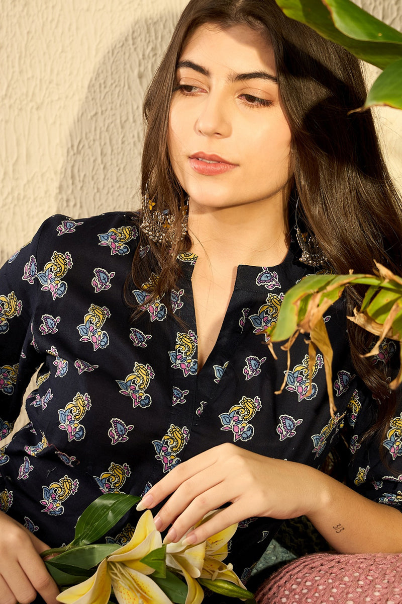 navy blue cotton blend ethnic motifs printed regular tunic