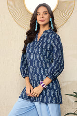 blue cotton blend floral printed regular kurti tunics