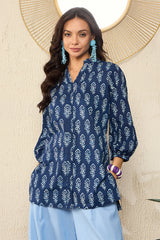 blue cotton blend floral printed regular kurti tunics