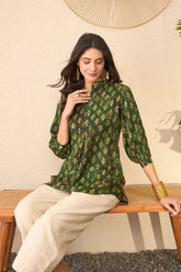 green cotton blend ethnic motifs printed regular top