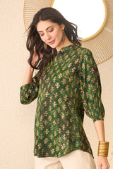 green cotton blend ethnic motifs printed regular top
