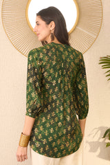 green cotton blend ethnic motifs printed regular top