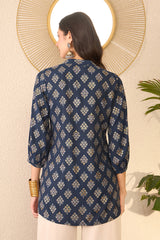 navy blue cotton blend floral printed regular top