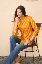 yellow cotton blend floral printed regular top